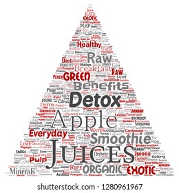 Vector conceptual fruta natural fresca o jugos vegetales triángulo flecha roja dieta saludable bebida orgánica nube de palabras aislado fondo. Collage del concepto de nutrición verde exótica, tropical cruda