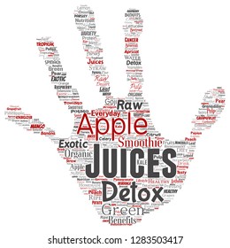 Vector conceptual de fruta natural fresca o jugos de verduras estampado mano sellado dieta roja saludable bebida orgánica nube de palabras aislado fondo. Collage del concepto de nutrición verde exótica, tropical cruda