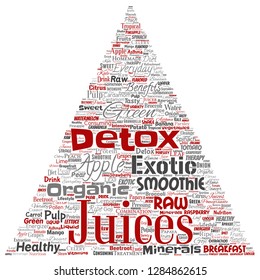 Vector conceptual fresh natural fruit or vegetable juices triangle arrow red healthy diet organic beverage word cloud isolated background. Collage of green exotic, tropical raw nutrition concept