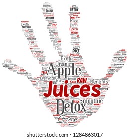 Vector conceptual fresh natural fruit or vegetable juices hand print stamp red healthy diet organic beverage word cloud isolated background. Collage of green exotic, tropical raw nutrition concept