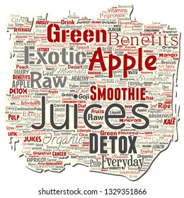 Vector conceptual fresh natural fruit or vegetable juices old torn paper red healthy diet organic beverage word cloud isolated background. Collage of green exotic, tropical raw nutrition concept