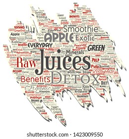 Vector conceptual fresh natural fruit or vegetable juices old torn paper red healthy diet organic beverage word cloud isolated background. Collage of green exotic, tropical raw nutrition concept