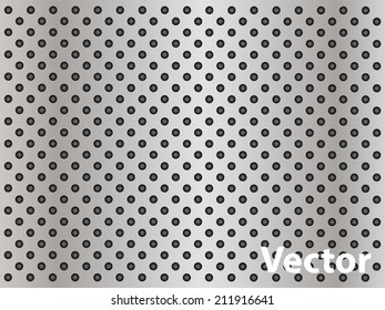 Vektor konzeptuell graues abstraktes Metall aus nicht rostendem Stahl Aluminium perforierte Muster Textur-Hintergrund als Metapher für industrielle, abstrakte, technologische, gitter-, silberne, rote, Punkt-, Grilloberfläche