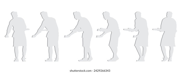 Vector konzeptuelle graue Papier geschnitten Silhouette eines männlichen Kellner serviert Kaffee aus verschiedenen Perspektiven isoliert auf weißem Hintergrund. Eine Metapher für Arbeit, Business, Entspannung und Lifestyle