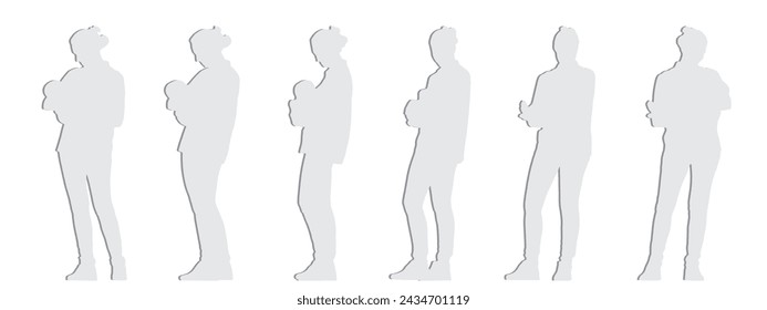 Vector konzeptuelles graues Papier geschnitten Silhouette einer Frau Baby in ihren Armen aus verschiedenen Perspektiven isoliert auf weißem Hintergrund. Eine Metapher für Mutterschaft, Liebe und Fürsorge, Familie und Lebensstil
