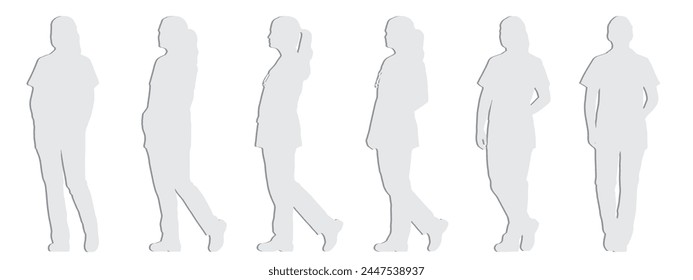 Vector conceptual gray paper cut silhouette of a woman in white scrubs with a stethoscope from different perspectives isolated on white background. A metaphor for healthcare, treatment and help