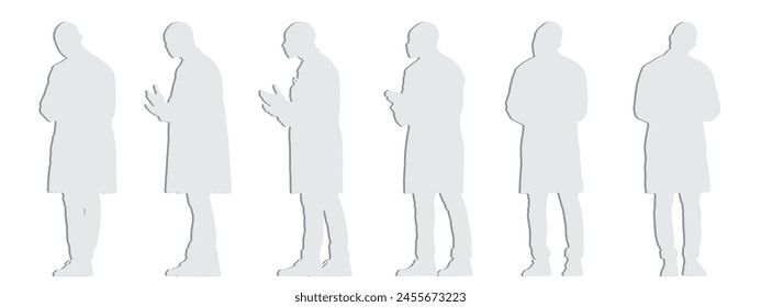 Vector conceptual gray paper cut silhouette of a male doctor wearing a medical scrub from different perspectives isolated on white. A metaphor for health care, medicine,  diagnosis and treatment