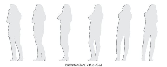 Vektorgrafik Konzeptionelle graue Papierschnitt-Silhouette einer Frau, die am Telefon aus verschiedenen Perspektiven auf weißem Hintergrund spricht. Eine Metapher für Kommunikation, Verbindung, Freizeit und Lifestyle