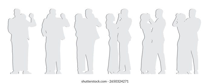 Vector conceptual gray paper cut silhouette of a couple dancing  from different perspectives isolated on white background. A metaphor for  relaxation, leisure, party, entertainment and lifestyle