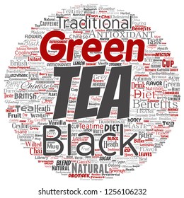 Vector conceptual green or black tea beverage culture round circle red natural flavor, taste variety word cloud isolated background. Collage of traditional medicine health diet benefit concept design
