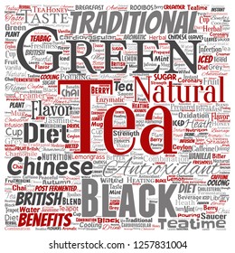 Cultura de bebida de té verde o negro vectorial sabor natural cuadrado rojo o variedad variedad palabra nube aislado fondo. Collage de la medicina tradicional diseño de beneficios de dieta para la salud