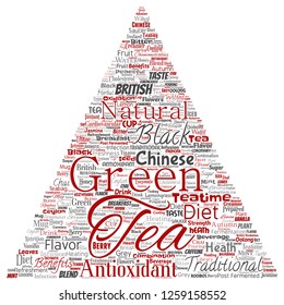 Vector conceptual green or black tea beverage culture triangle arrow red natural flavor, taste variety word cloud isolated background. Collage of traditional medicine health or diet benefit concept