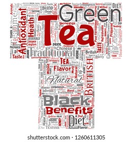 Vector conceptual green or black tea beverage culture letter font red natural flavor, taste variety word cloud isolated background. Collage of traditional medicine health or diet benefit concept
