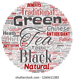 Vector conceptual green or black tea beverage culture round circle red natural flavor, taste variety word cloud isolated background. Collage of traditional medicine health diet benefit concept design