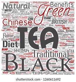 Vector conceptual green or black tea beverage culture square red natural flavor or taste variety word cloud isolated background. Collage of traditional medicine health diet benefits concept design