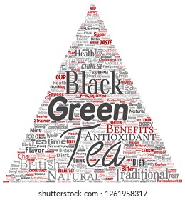 Cultura de bebida de té verde o negro vectorial triángulo flecha color rojo sabor natural, variedad variedad palabra nube aislado fondo. Collage de la medicina tradicional concepto de salud o beneficio de la dieta