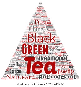 Vector conceptual green or black tea beverage culture triangle arrow red natural flavor, taste variety word cloud isolated background. Collage of traditional medicine health or diet benefit concept