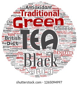 Vector conceptual green or black tea beverage culture round circle red natural flavor, taste variety word cloud isolated background. Collage of traditional medicine health diet benefit concept design
