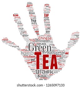Vector conceptual green or black tea beverage culture hand print stamp red natural flavor, taste variety word cloud isolated background. Collage of traditional medicine health or diet benefit concept