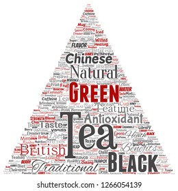Vector conceptual green or black tea beverage culture triangle arrow red natural flavor, taste variety word cloud isolated background. Collage of traditional medicine health or diet benefit concept