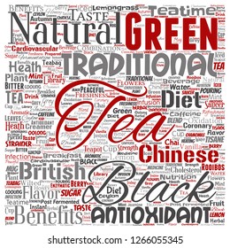 Vector conceptual green or black tea beverage culture square red natural flavor or taste variety word cloud isolated background. Collage of traditional medicine health diet benefits concept design