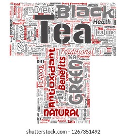 Letra de referencia cultural de bebida de té verde o negro conceptual vectorial fuente de sabor natural rojo, sabor variedad palabra nube aislado fondo. Collage de la medicina tradicional concepto de salud o beneficio de la dieta