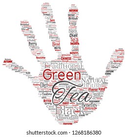 Vector conceptual green or black tea beverage culture hand print stamp red natural flavor, taste variety word cloud isolated background. Collage of traditional medicine health or diet benefit concept