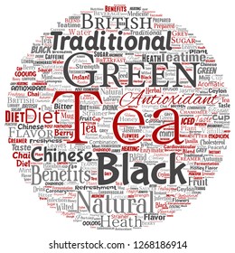 Vector conceptual green or black tea beverage culture round circle red natural flavor, taste variety word cloud isolated background. Collage of traditional medicine health diet benefit concept design