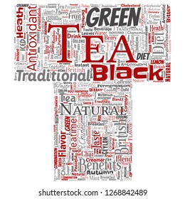 Vector conceptual green or black tea beverage culture letter font red natural flavor, taste variety word cloud isolated background. Collage of traditional medicine health or diet benefit concept