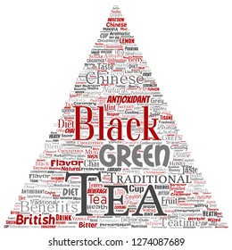 Cultura de bebida de té verde o negro vectorial triángulo flecha color rojo sabor natural, variedad variedad palabra nube aislado fondo. Collage de la medicina tradicional concepto de salud o beneficio de la dieta