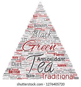 Vector conceptual green or black tea beverage culture triangle arrow red natural flavor, taste variety word cloud isolated background. Collage of traditional medicine health or diet benefit concept