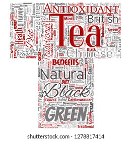 Vector conceptual green or black tea beverage culture letter font red natural flavor, taste variety word cloud isolated background. Collage of traditional medicine health or diet benefit concept