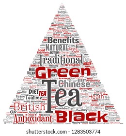 Cultura de bebida de té verde o negro vectorial triángulo flecha color rojo sabor natural, variedad variedad palabra nube aislado fondo. Collage de la medicina tradicional concepto de salud o beneficio de la dieta