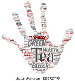 Vector conceptual green or black tea beverage culture hand print stamp red natural flavor, taste variety word cloud isolated background. Collage of traditional medicine health or diet benefit concept