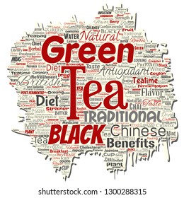 Vector conceptual green or black tea beverage culture old torn paper red natural flavor, taste variety word cloud isolated background. Collage of traditional medicine health or diet benefit concept