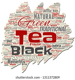 Vector conceptual green or black tea beverage culture old torn paper red natural flavor, taste variety word cloud isolated background. Collage of traditional medicine health or diet benefit concept
