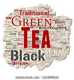 Vector conceptual de bebida de té verde o negro cultivo de papelería vieja rota de sabor natural, sabor variedad de palabra nube aislado fondo. Collage de la medicina tradicional concepto de salud o beneficio de la dieta