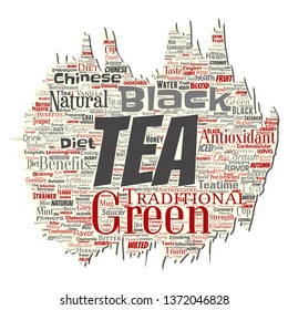 Vector conceptual green or black tea beverage culture old torn paper red natural flavor, taste variety word cloud isolated background. Collage of traditional medicine health or diet benefit concept