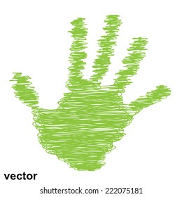 Vector conceptual green painted drawing hand shape print isolated on white paper background, for handmade or manual, art, line, children, scribble, education, grungy or sketch design, made by a child