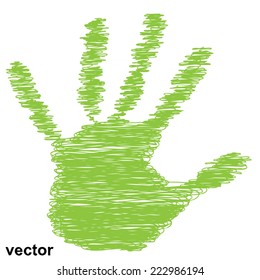 Vector conceptual green painted drawing hand shape print isolated on white paper background, for handmade or manual, art, line, children, scribble, education, grungy or sketch design, made by a child