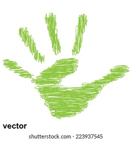 Vector conceptual green painted drawing hand shape print isolated on white paper background, for handmade or manual, art, line, children, scribble, education, grungy or sketch design, made by a child