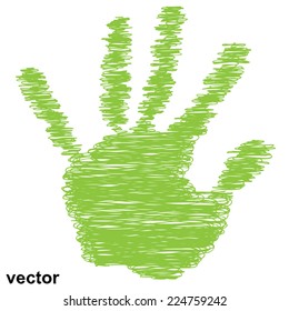 Vector conceptual green painted drawing hand shape print isolated on white paper background, for handmade or manual, art, line, children, scribble, education, grungy or sketch design, made by a child