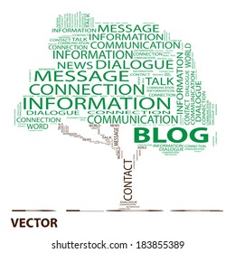 Vetor conceitual árvore verde palavra nuvem no fundo branco, metáfora para comunicação, fala, mensagem, correio, relação, diálogo, falar, relatório, contato, escada, subir, e-mail, internet wordcloud