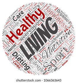 Vector conceptual healthy living positive nutrition sport round circle red word cloud isolated background. Collage of happiness care, organic, recreation workout, beauty, vital healthcare spa concept