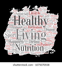 Vector conceptual healthy living positive nutrition sport paint brush paper word cloud isolated background. Collage of happiness care, organic, recreation workout, beauty, vital healthcare spa concept
