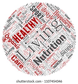Vector conceptual healthy living positive nutrition sport round circle red word cloud isolated background. Collage of happiness care, organic, recreation workout, beauty, vital healthcare spa concept