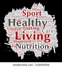 Vektorkonzeptuell gesund lebende positive Ernährung Sport Farbe Bürste Papier Wort Cloud isolierten Hintergrund. Collage of zufriedness Care, Bio, Erholungs-Workout, Schönheit, vitales Wellness-Konzept