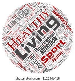 Vector conceptual healthy living positive nutrition sport round circle red word cloud isolated background. Collage of happiness care, organic, recreation workout, beauty, vital healthcare spa concept