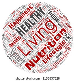 Vector conceptual healthy living positive nutrition sport round circle red word cloud isolated background. Collage of happiness care, organic, recreation workout, beauty, vital healthcare spa concept