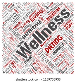 Vector conceptual healthy living positive nutrition sport square red word cloud isolated background. Collage of happiness care, organic, recreation workout, beauty, vital healthcare spa concept